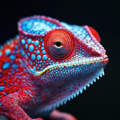 Close-up of a Vivid Red and Blue Chameleon Head on Black Background