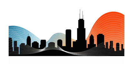 Fototapeta premium Chicago Cityscape Silhouette: An artistic silhouette captures the iconic Chicago skyline, with towering skyscrapers and architectural elements standing proudly against a backdrop of colorful.