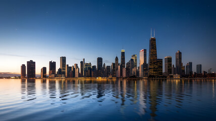 Fototapeta premium A high-resolution photo of a photorealistic city skyline at night.