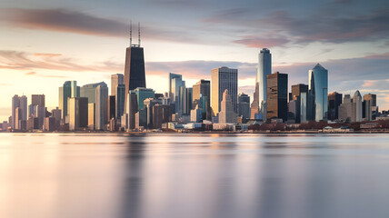 A photo of a major city skyline with reflections on water.