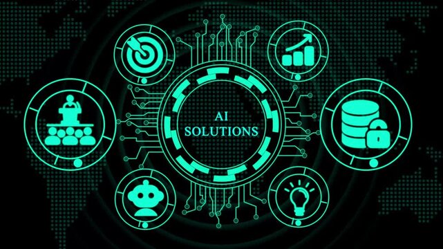 AI Solutions Concept with Icons and World Map Background. Business, Technology ,Internet and network concept.
