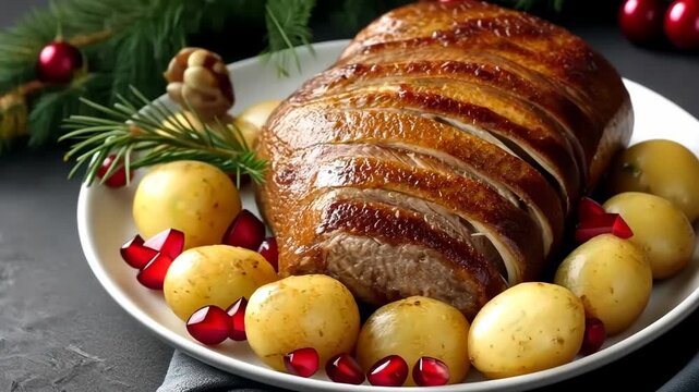 Delicious roast meat with golden potatoes and pomegranate served on a festive table