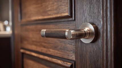 Obraz premium A detailed view of a sleek door handle highlighting the beauty of modern design in a cozy interior.