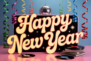 Groovy Happy New Year disco vibe with colorful streamers, a disco ball, and vintage records, perfect for a retro holiday celebration or New Year's Eve party