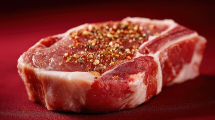Obraz premium A fresh pork chop lies on a red surface sprinkled with colorful spices waiting to be grilled to perfection.