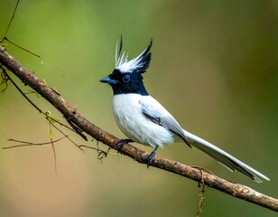 Bird with striking plumage perches on branch, showcasing intricate patterns and colors
