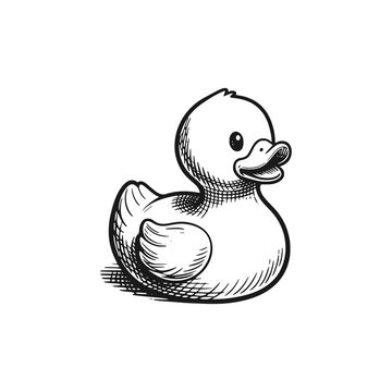 Rubber duck toy. Black white vector illustration.