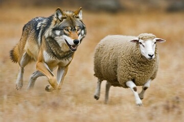 Obraz premium Wolf sheep field is left side image running hunting