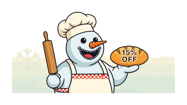 Snowman Baker Offers: A cheerful snowman baker, complete with a chef's hat and apron, presents a freshly baked loaf of bread, advertising a special 15% discount.