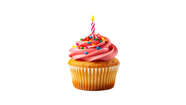 Birthday cupcake with candle, png, isolated on transparent background, perfect for food marketing and advertising