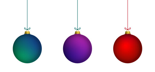 Christmas 3d purple, blue, red hanging balls set vector illustration. Merry christmas baubles collection to use for christmas card, greetings, xmas, winter holiday, new year projects. 