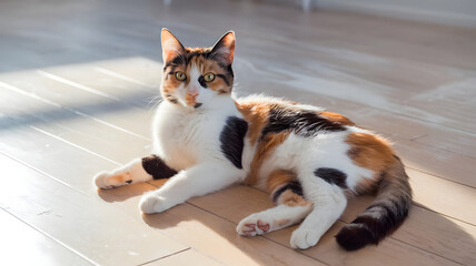 A 4K photo of a photorealistic medium shot of a cat lounging in a sunbeam.