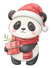 Cute Christmas Panda Watercolor Illustration 