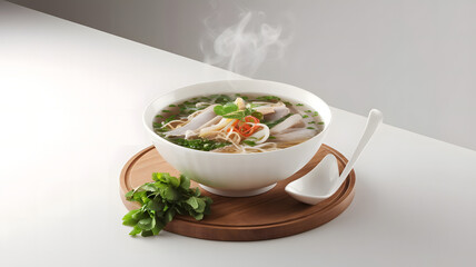 A photorealistic, 4K image of a steaming bowl of pho with a variety of herbs.