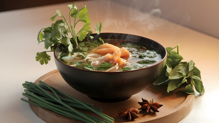A 4K photo of a steaming bowl of pho with a variety of herbs. The bowl is placed on a wooden board.