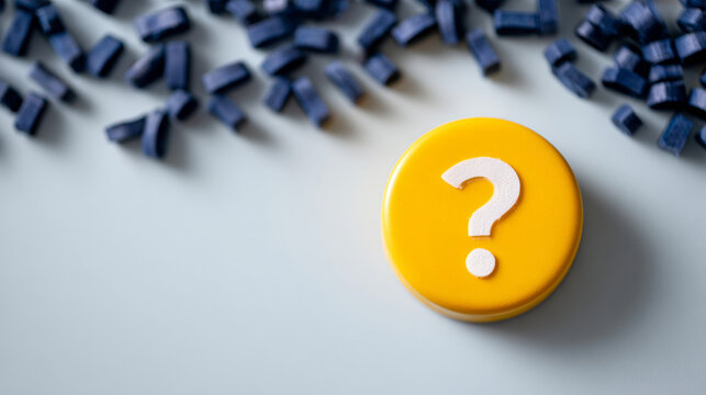 A yellow button with a white question mark on it is surrounded by blue pieces of plastic that look like they could be puzzle parts or game components.