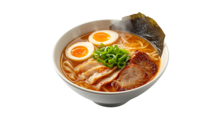 Classic ramen noodle soup with chashu pork, png, isolated on transparent background, perfect for food marketing and advertising