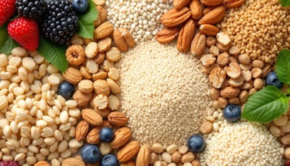 Fototapeta premium Variety of Nuts, Seeds, and Berries Arranged Neatly on a Surface for Healthy Eating and Nutrition