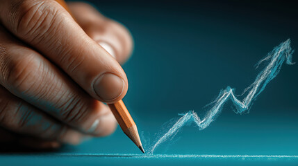 Hand holding pencil drawing upward trend line on teal background symbolizing growth and success
