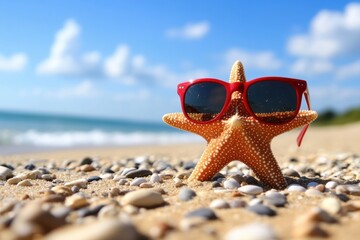 Starfish sandy beach ocean background is orange color Funny with red