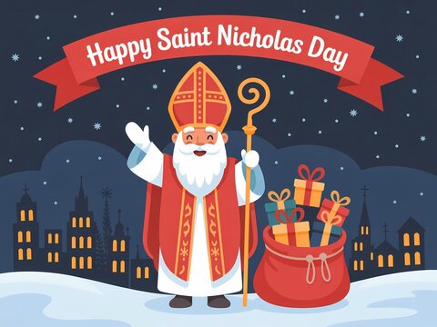 Saint nicholas day celebration with gifts and festive atmosphere in snowy cityscape