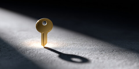 A golden key casting a shadow on the ground, with light shining down from above it