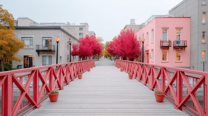 Symmetrical Red Pedestrian Bridge Lined with Vibrant Pink Trees and Charming Buildings Under an Overcast Sky