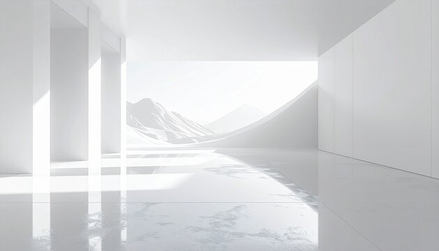 Sunlit modern white architectural hallway with glossy floors and columns overlooking a serene mountain vista