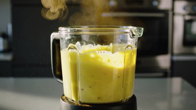 Blender jar spinning vibrant yellow pine pollen protein shake, steam rising from nutrient mix, highlighting warm natural energy, rich texture, and superfood vitality concept in golden morning light.