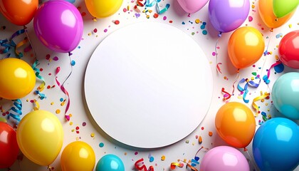 Birthday Celebration Circle Frame with Balloons, Confetti, and Streamers - Party Invitation