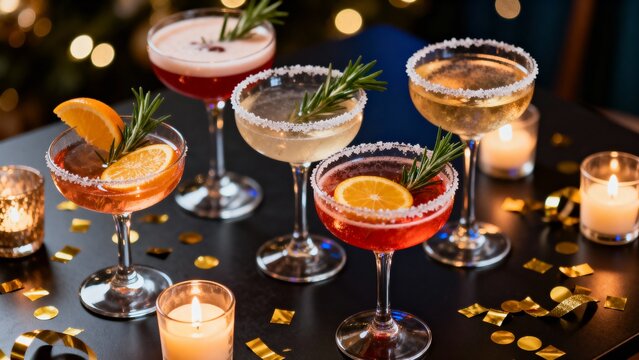 Colorful cocktails with garnishes on table surrounded by candles and confetti  