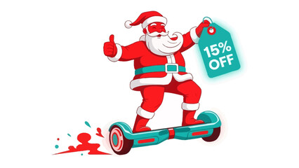 Santa's Hoverboard Deal: A jovial Santa Claus rides a modern hoverboard while holding a sign promoting a 15% OFF discount, embodying the fusion of holiday cheer and tech-savvy savings. 