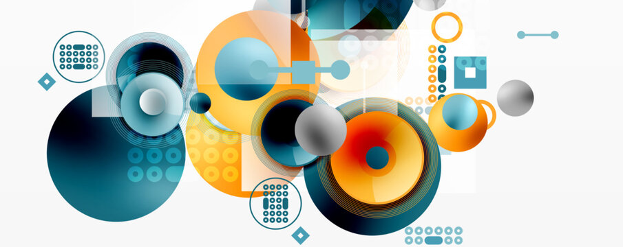 Abstract geometric shapes overlap, creating vibrant composition. Circles, squares, lines form modern design. Colors include blue, orange, teal.