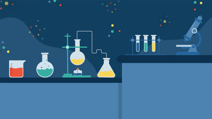 Modern science background featuring microscope flasks test tubes and chemical reactions on blue laboratory table perfect for education research and chemistry design projects