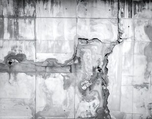 Black and white image showing a damaged tile wall with signs of wear and tear, highlighting the erosion