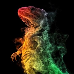 Striking Rainbow Iguana Artwork with Smoke Effect on Black Background