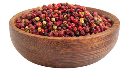 Wooden bowl filled with colorful peppercorns and pink peppercorns on a black background