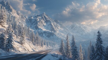 Obraz premium Majestic winter landscape with snow-covered mountains and a winding road under a bright sky