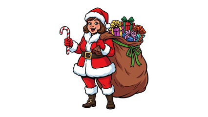 Holiday Cheer: An illustrated character, dressed in a festive costume with a bag overflowing with gifts, spreads holiday cheer with a candy cane, evoking warmth and tradition.