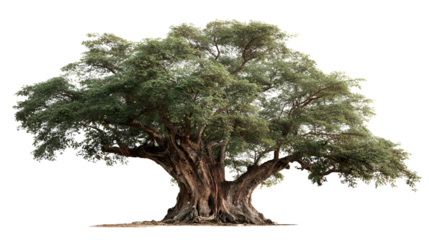 Majestic ancient olive tree with gnarled trunk and lush green foliage against black background