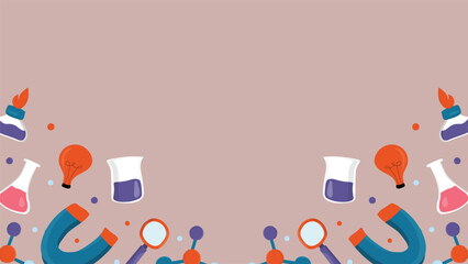 Creative science background showing colorful magnets flasks light bulbs and molecules on brown backdrop ideal for education laboratory or research themed graphic projects