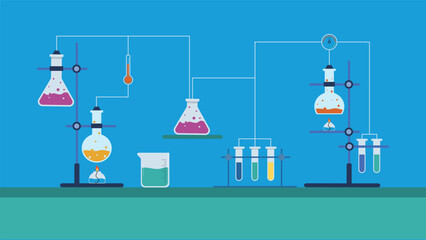 Modern science lab background featuring colorful flasks test tubes and chemical experiments on blue table perfect for education research chemistry and laboratory themed projects