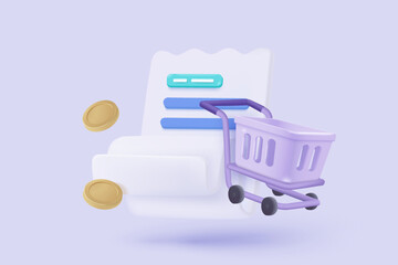 3D shopping cart with bill icon for payment transaction notice. paper receipt for shopping offer in store. Business invoice bill expenses idea concept. 3d invoice list icon vector render illustration © M.AKA