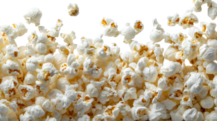 Explosion of fluffy popcorn kernels flying through the air against a dark background