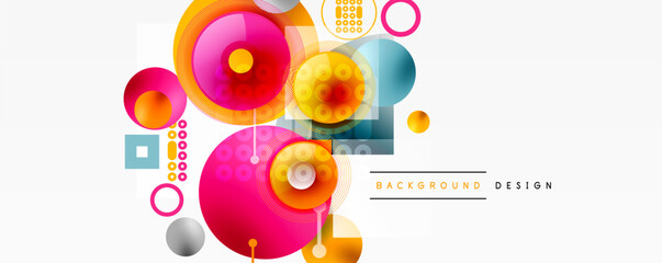 Abstract colorful circles, squares overlap. Modern design elements create dynamic composition. Bright hues contrast white space.