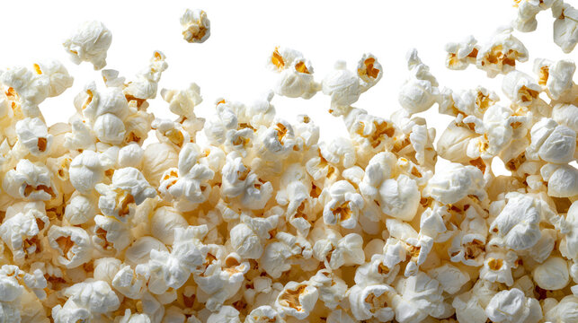 Explosion of fluffy popcorn kernels flying through the air against a dark background