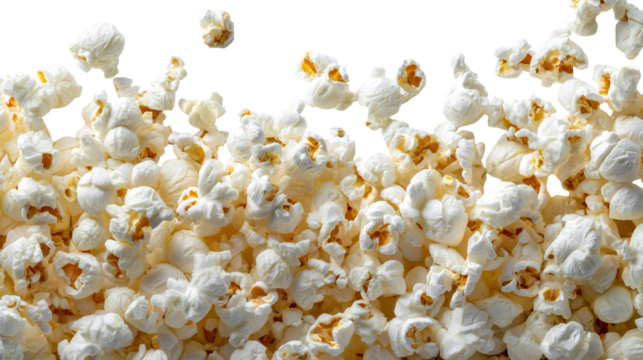 Explosion of fluffy popcorn kernels flying through the air against a dark background