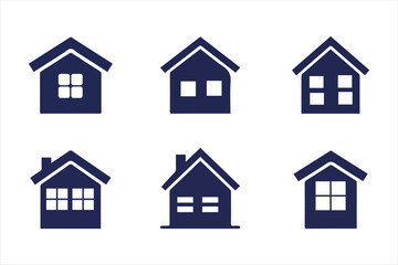 Collection of six simple dark blue house icons with different window designs for real estate