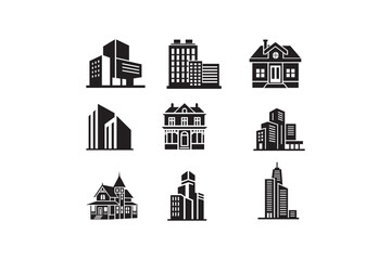 Modern and classic building icons collection Real estate architecture silhouette set
