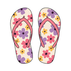 Colorful summer flip flops adorned with vibrant tropical floral patterns, detailed in a clean flat 2D vector illustration, isolated on a pure white background, ideal for vacation themes.